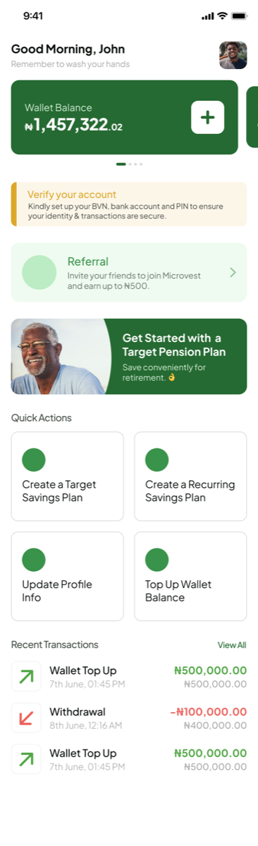 An early Microvest app home screen with a savings Plan banner