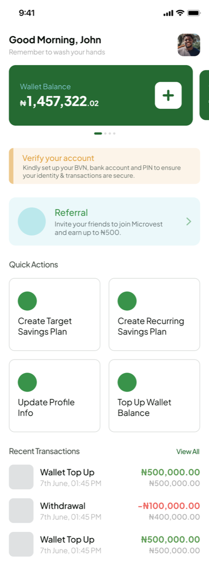 The original Microvest app home screen with wallet balance, account verification and quick actions