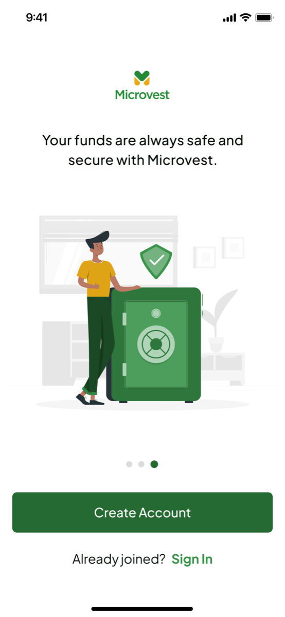 The original Microvest app welcome screen: your funds are always safe and secure with Microvest