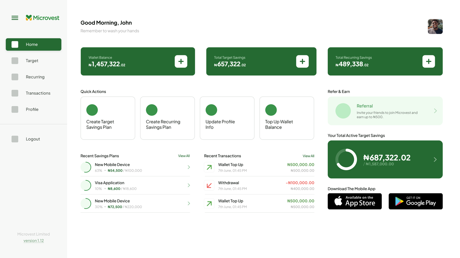 The original Microvest web dashboard showing wallet, target and recurring savings balances